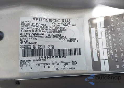 2002 Ford Focus Se из США, поврежденный, VIN 1FAFP34P02W200395